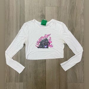 Pink and White Cat Graphic Stretchy Cropped Long Sleeve